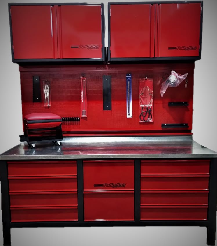 Banco de trabajo modular Palladino con panel y gabinetes aéreos